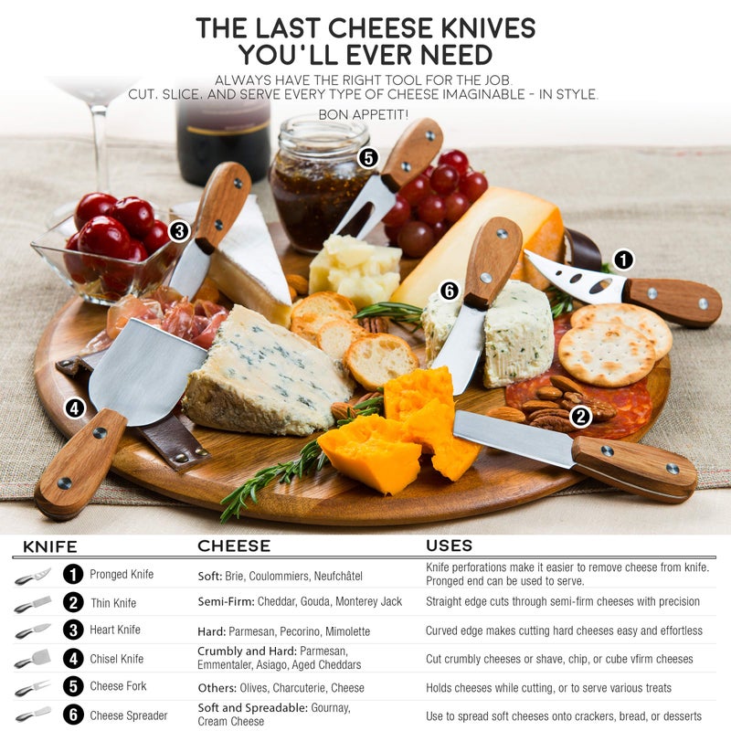 ICOSA Living Harvest 6-Piece Cheese Knife Set (Gift-Ready) - Premium Stainless Steel Cheese Knives with Rivets, Full Tang Blades and Teak Wood Handle Charcuterie Board Accessories w/ 15 Festive Recipes - Image 5